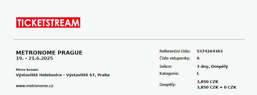 Prodám dva lístky na metronome praha