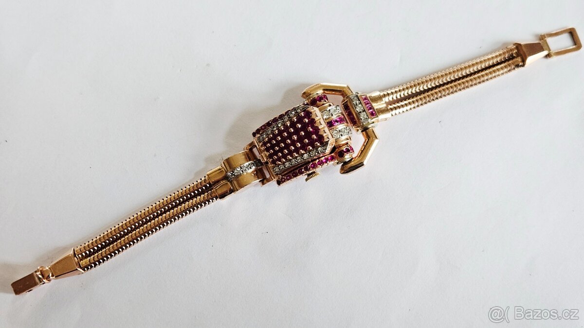 Zlatý náramek-hodinky zn. Omega s brilianty a rubíny 3,87ct.