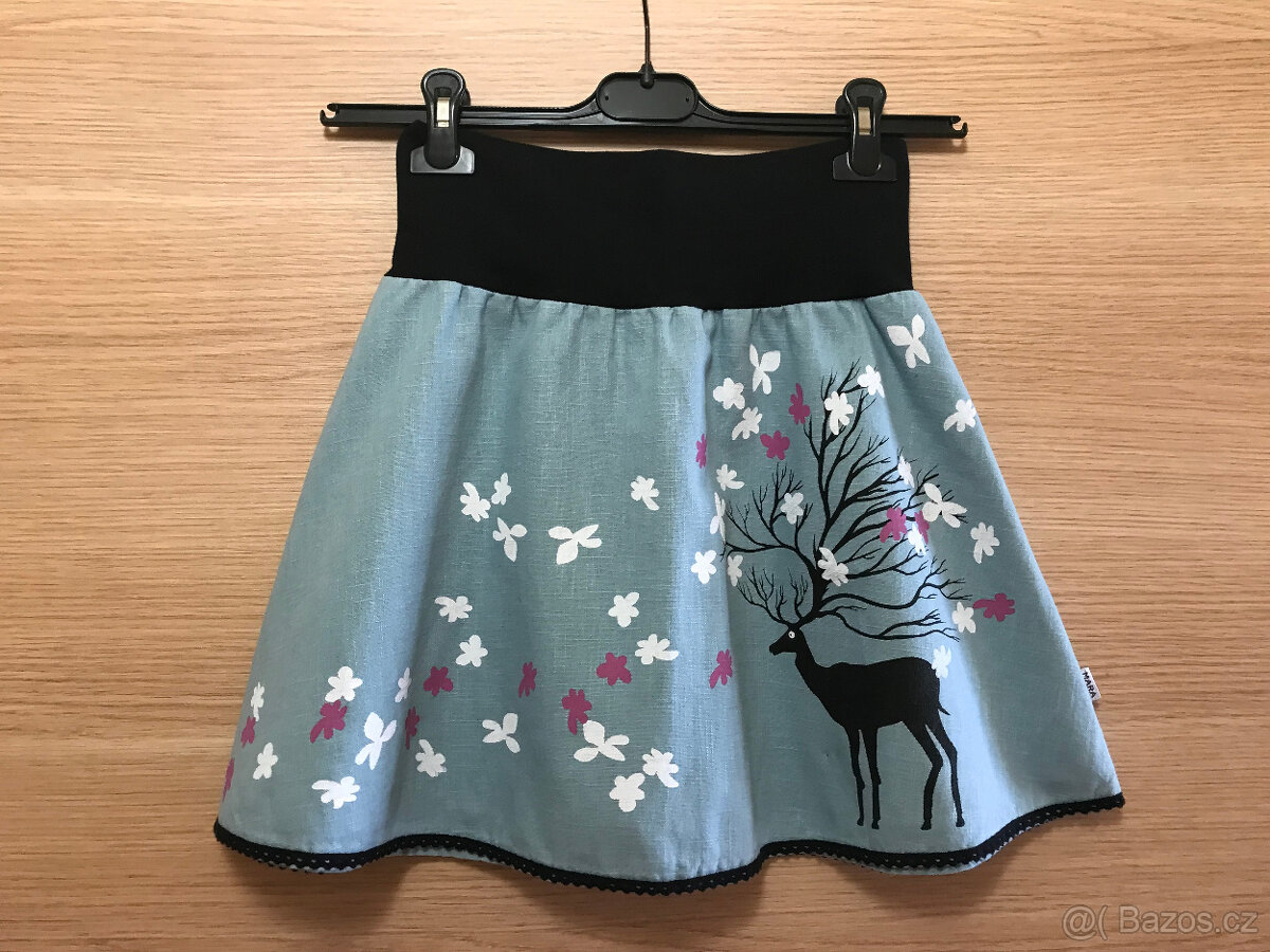 Lněná sukně s ručním tiskem jelena a kytiček zn. MARA
