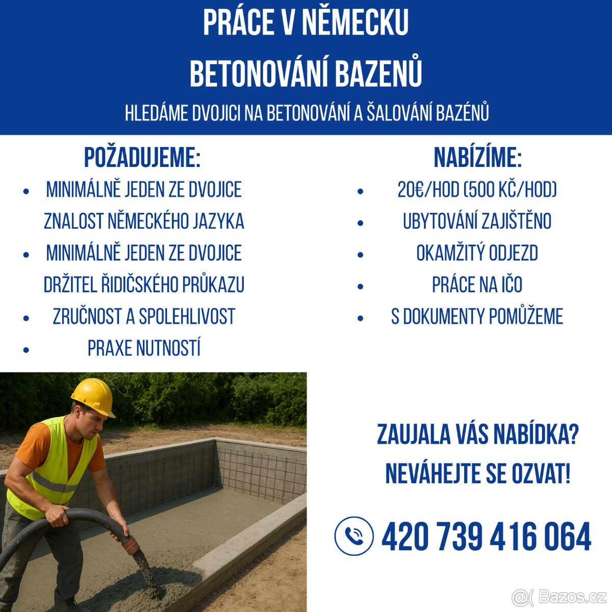 Betonovaní bazénů - Německo| od 20€/hod| ubytování zajištěno