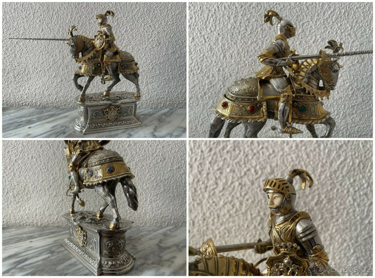 VZÁCNÝ stříbrný bojový rytíř na koni s barevnými kabošony