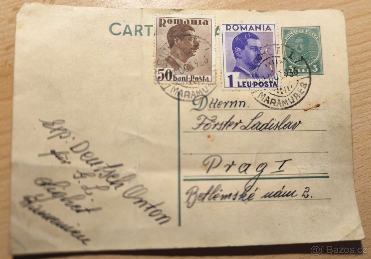 Dopisnice z Rumunska do Prahy, 1936.