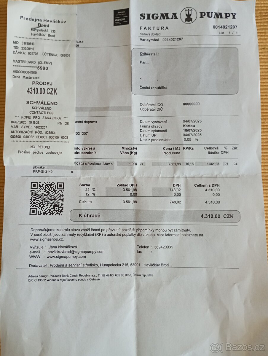 Prodám rozbalené kalové čerpadlo
