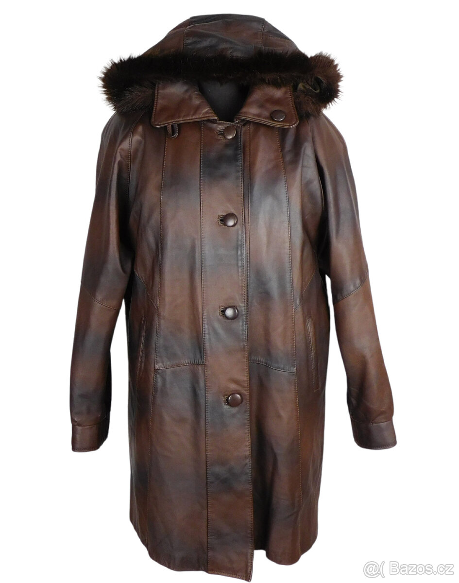 Kožený měkký dámský tónovaný hnědý zateplený kabát L