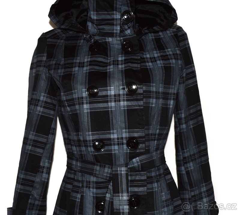 Dámský šedočerný kabát s páskem a kapucí