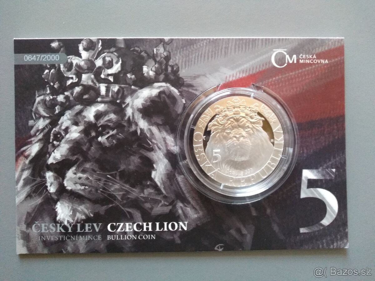 PRODÁM STŘÍBRNOU 1 Oz MINCU ČESKÝ LEV 2022 PROOF ČÍS. 602