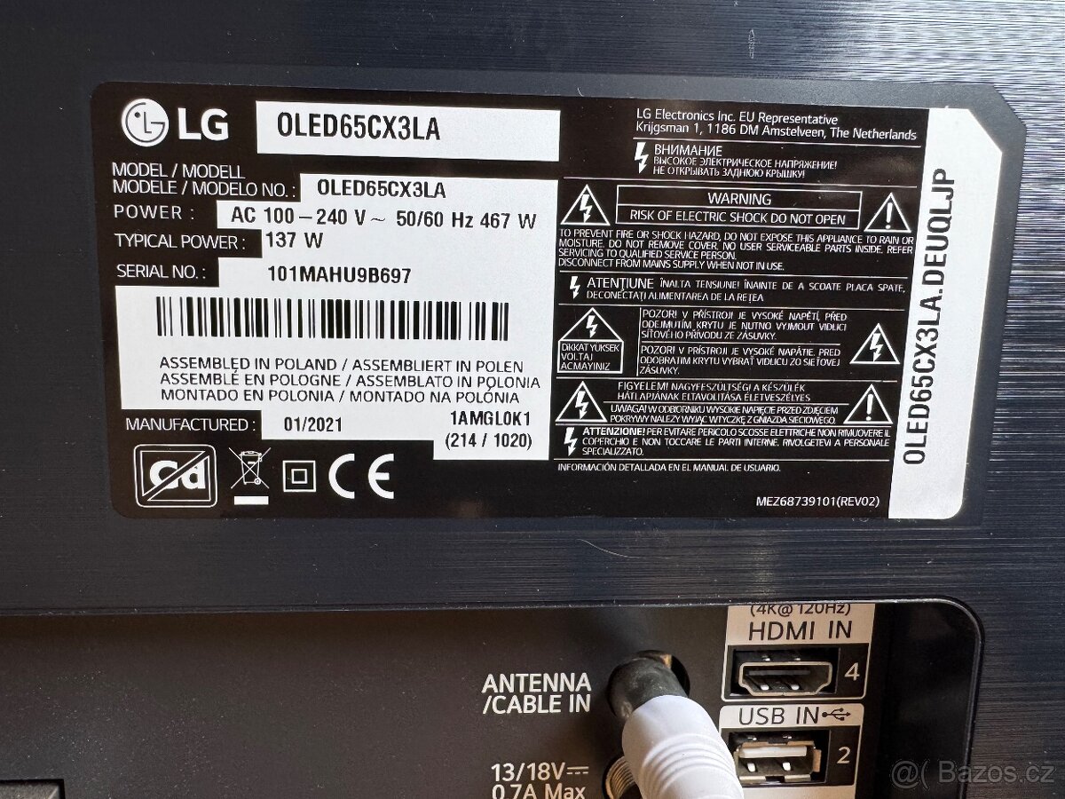 Prodám špičkovou OLED TV LG 65" (164 cm) – model OLED65CX3L