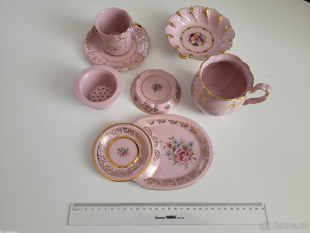 Růžový porcelán - sada č.3 - hrnky, talířky