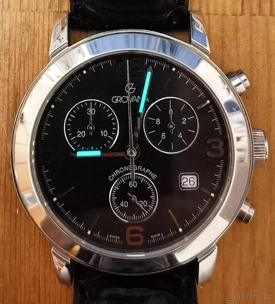 Švýcarské hodinky Grovana Chrono, safír.sklíčko, luminiscenc