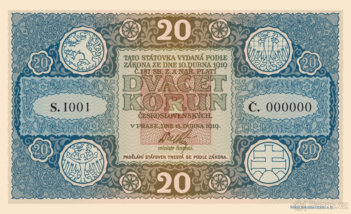 Novotisk státovky 20 Kč z roku 1919, uložena ve foldru