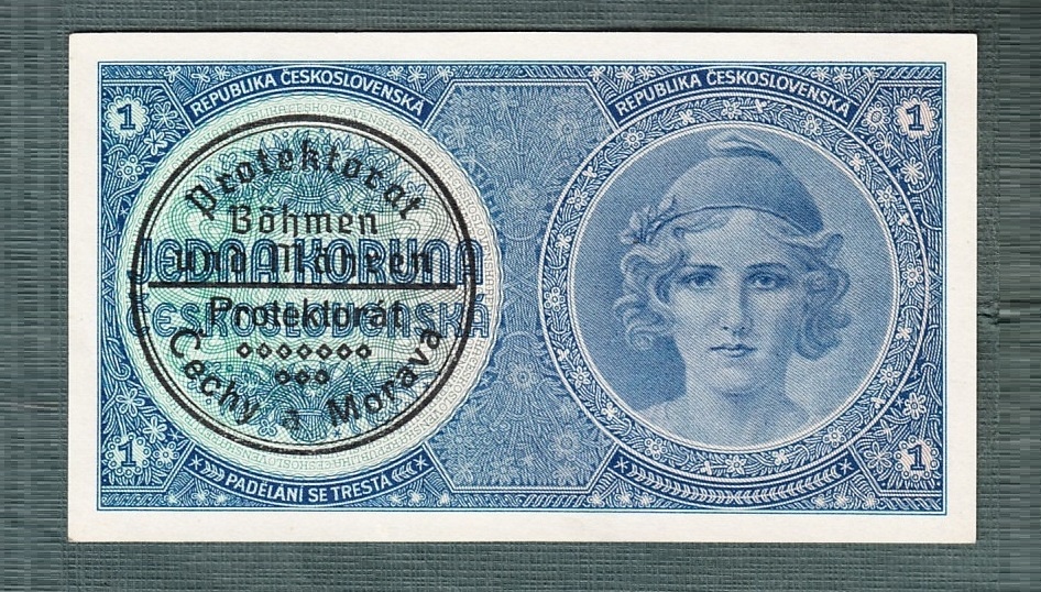 Staré bankovky - 1 koruna 1940 STROJOVÝ PŘETISK, bezvadná