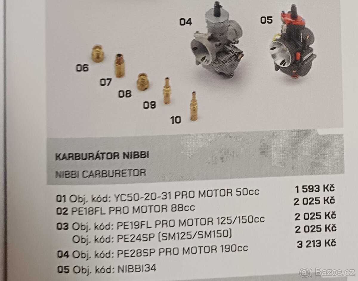 Díly ycf karburator Nibbi 28 výfuk ycf erbox ycf motor ycf