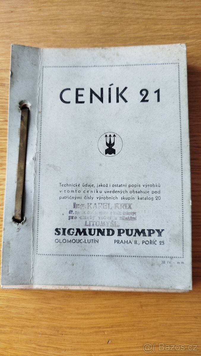 starý ceník Sigmund pumpy Olomouc - Lutín