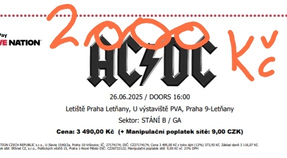 Vstupenka na koncert AC/DC za 2000kč