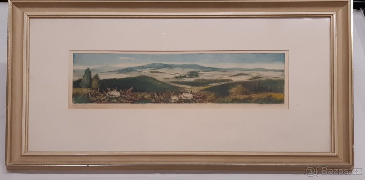 Obraz originál litografie Fusek Otto " Orlické hory "