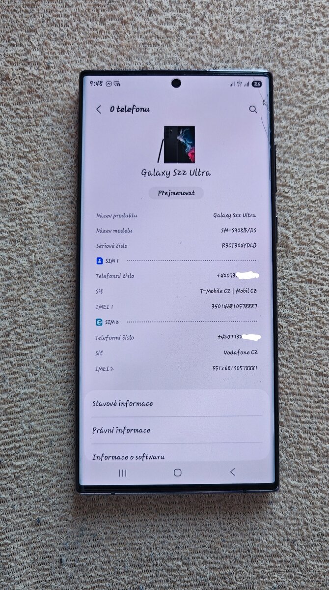 Prodám Samsung Galaxy S22 Ultra 12/512gb funkční - s vadou