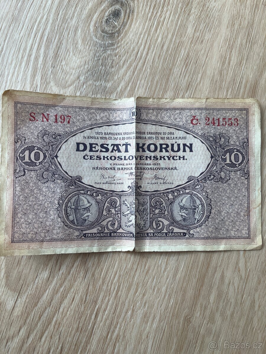 Papírová bankovka 10 Kč r. 1927, S. N 197, z oběhu