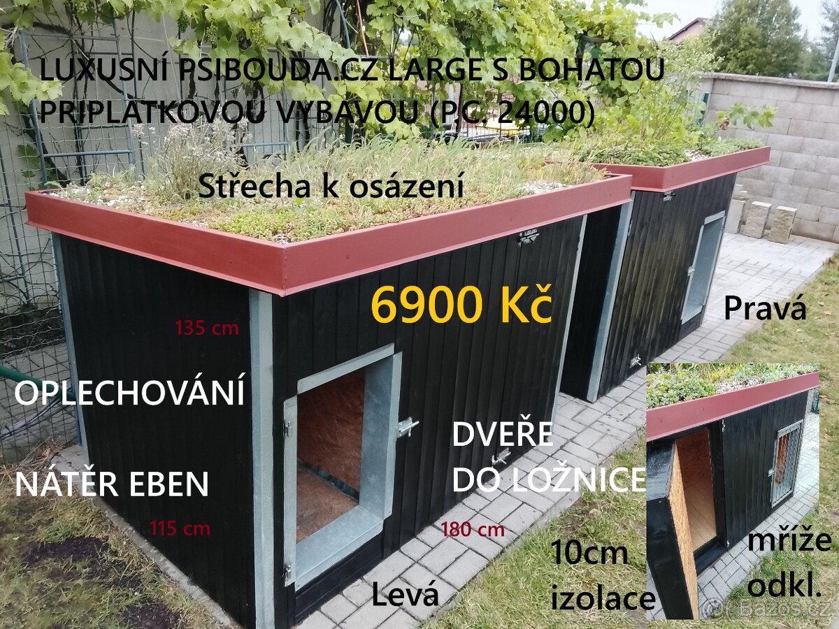 Psí bouda s osázenou střechou a mnoha doplňky