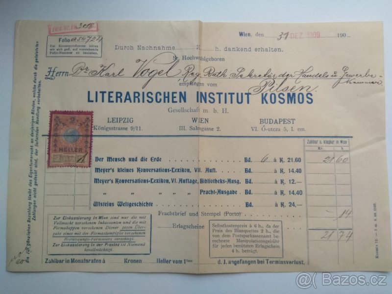 Účet s kolkem Heller rakouský 1909