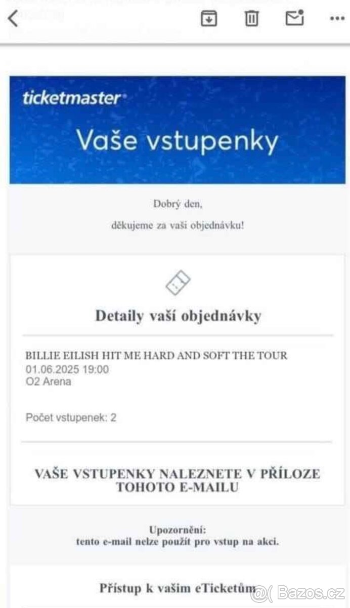 2 Vstupenky na Billie Eilish 1.6. v Praze
