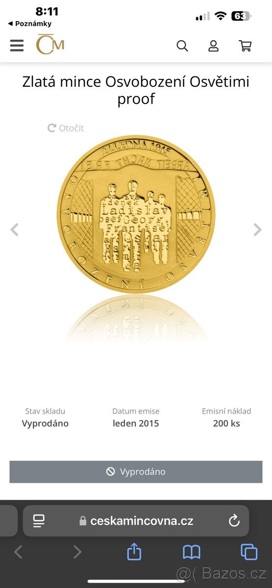 Zlato/ zlatá mince Osvobození Osvětimi proof