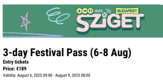 Sziget 2025 vstupenka na 3 dny