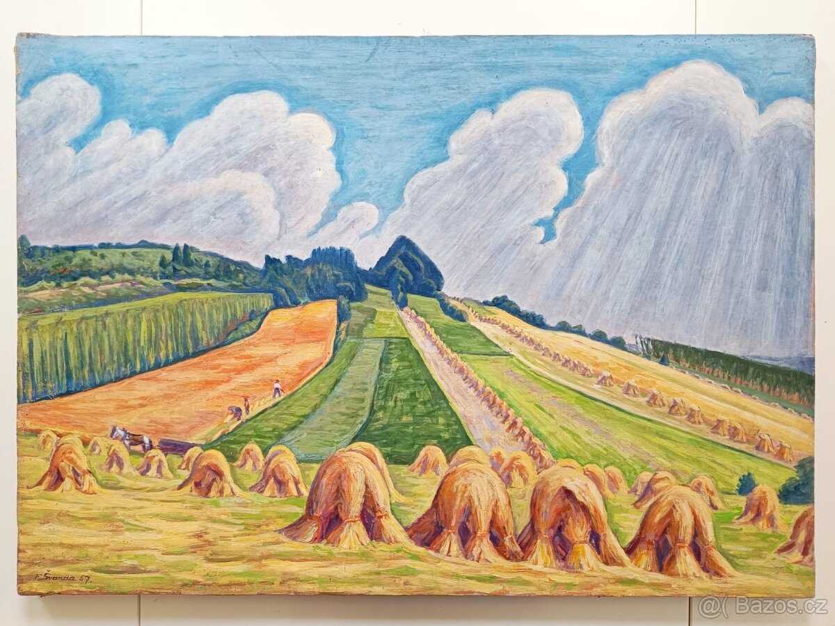 Obraz Švanda 1957 Žně u chmelnic, olej na plátně 58x82