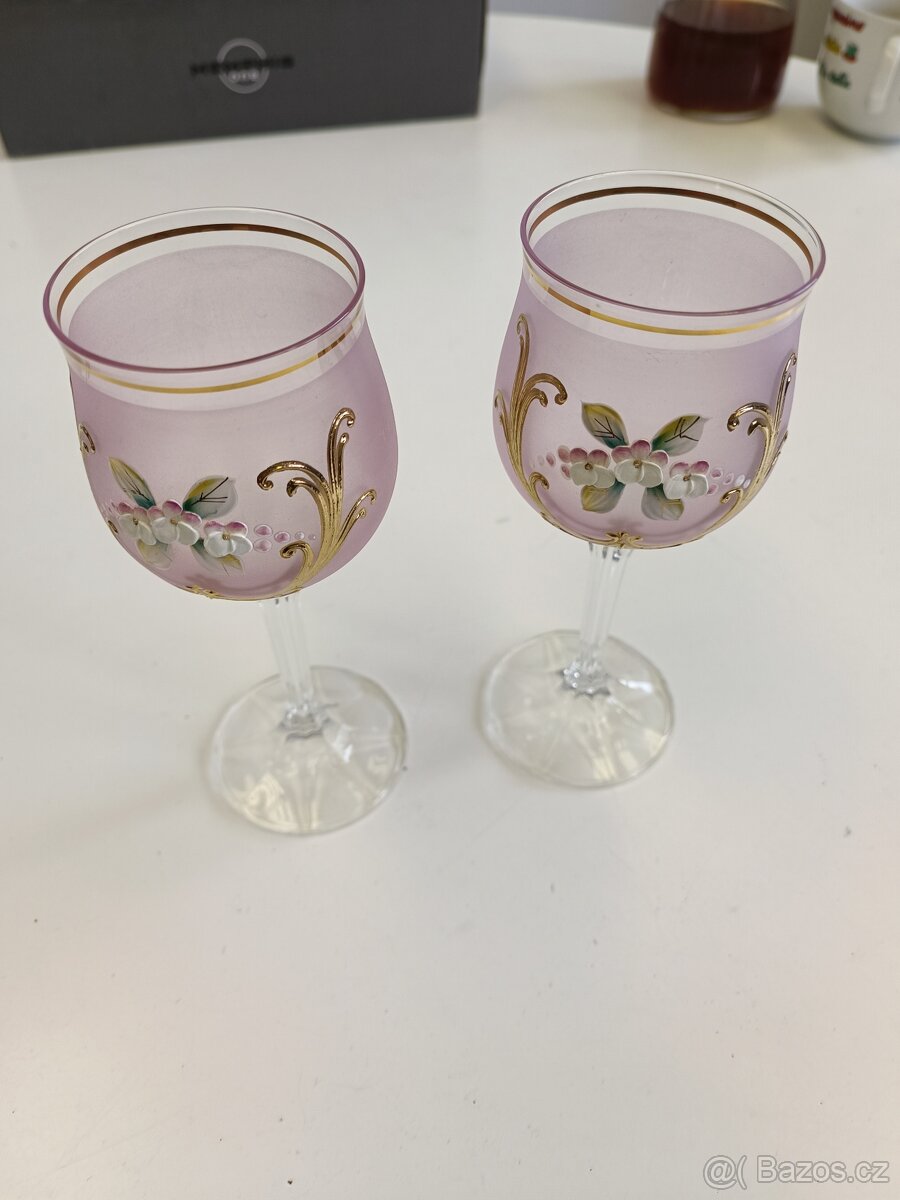 Skleničky na likér - Ručně malované - Růžové matné sklo
