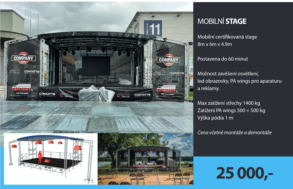 Pronájem pódia / certifikovaná mobilní stage 8x6m a 10x8