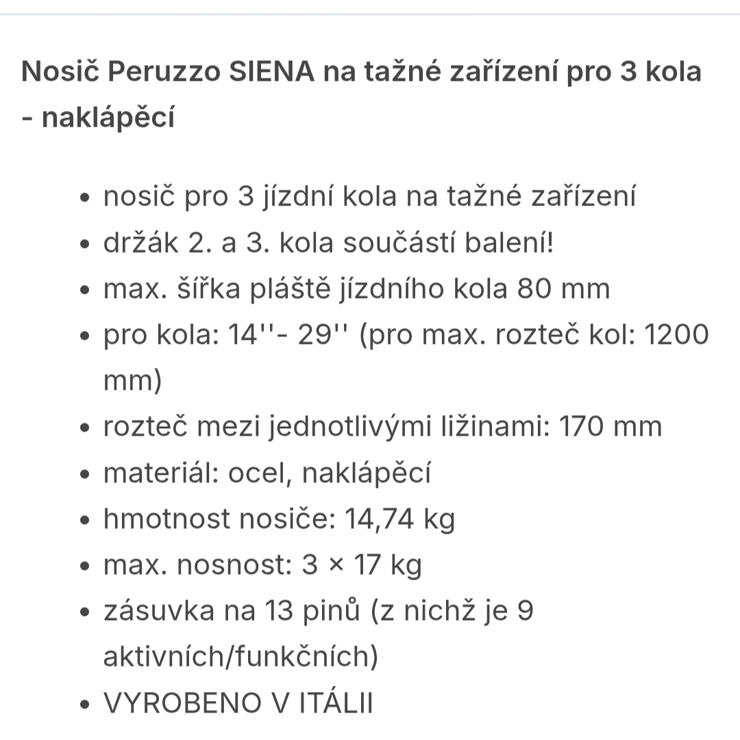 Nosič kol na tažné zařízení - Peruzzo Siena 3