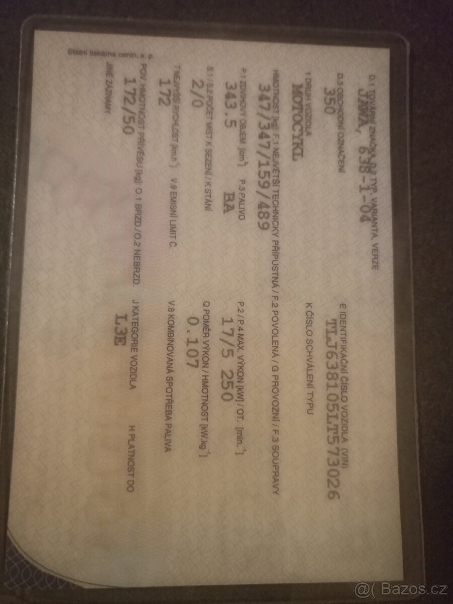 Jawa 350/638 , doklady,zapsaný závěs PAV