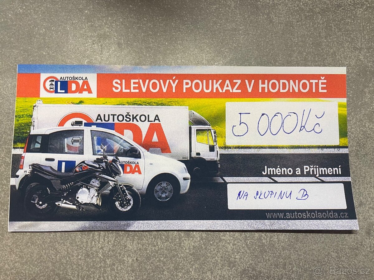 Voucher do autoškoly sk.B ,hodnota 5000kč