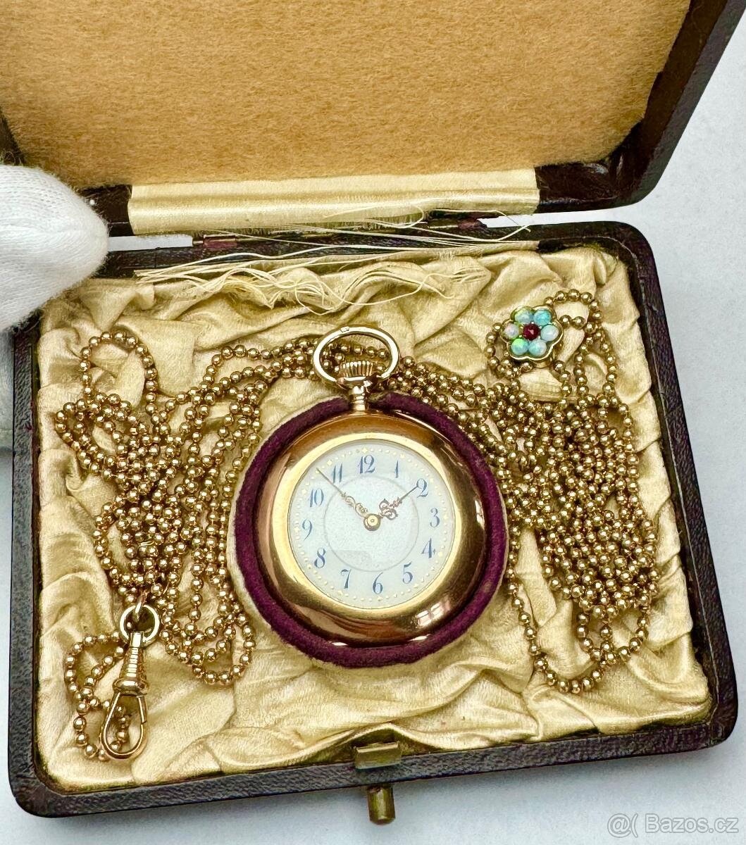 14K CELO ZLATÉ KAPESNÍ HODINKY IWC S ETUI S ŘETÍZKEM
