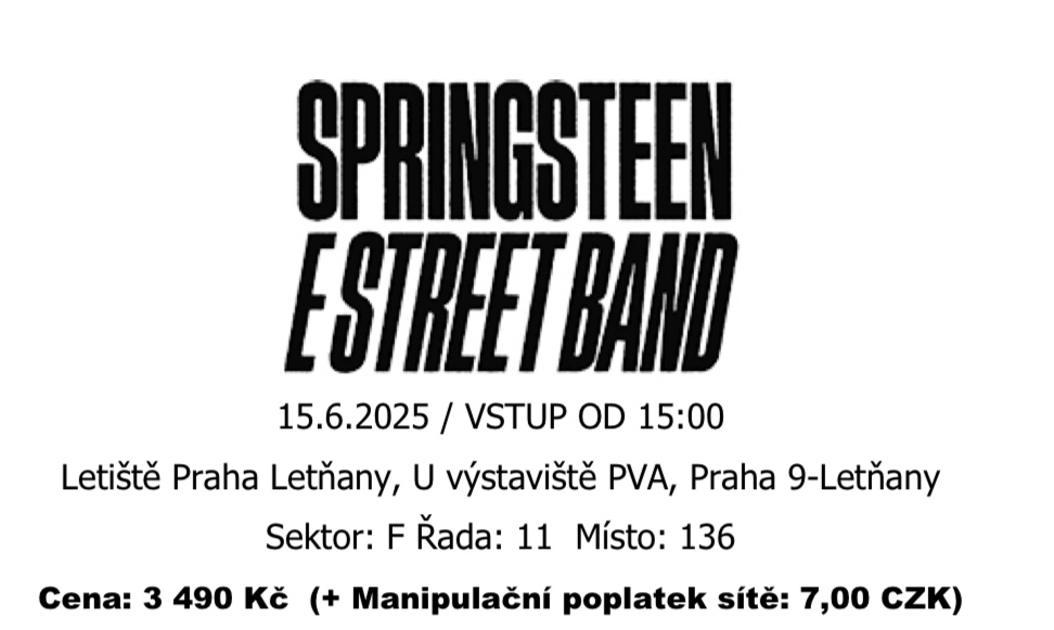 Bruce Springsteen 15.6. Praha 2ks vstupenek