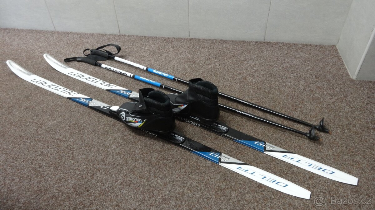 Dětský set běžek Peltonen 140/150cm+boty Salomon vel.34+hole