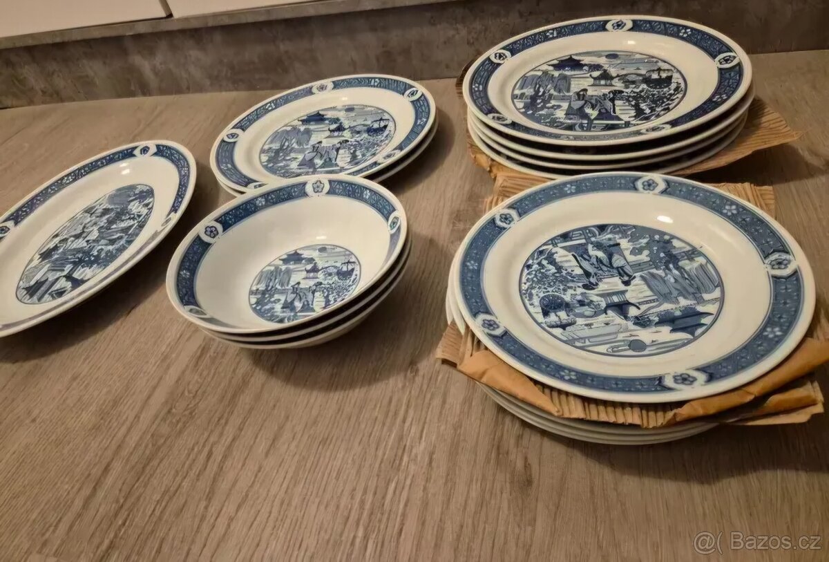 Modro bílé talíře a misky s čínským motivem 16ks