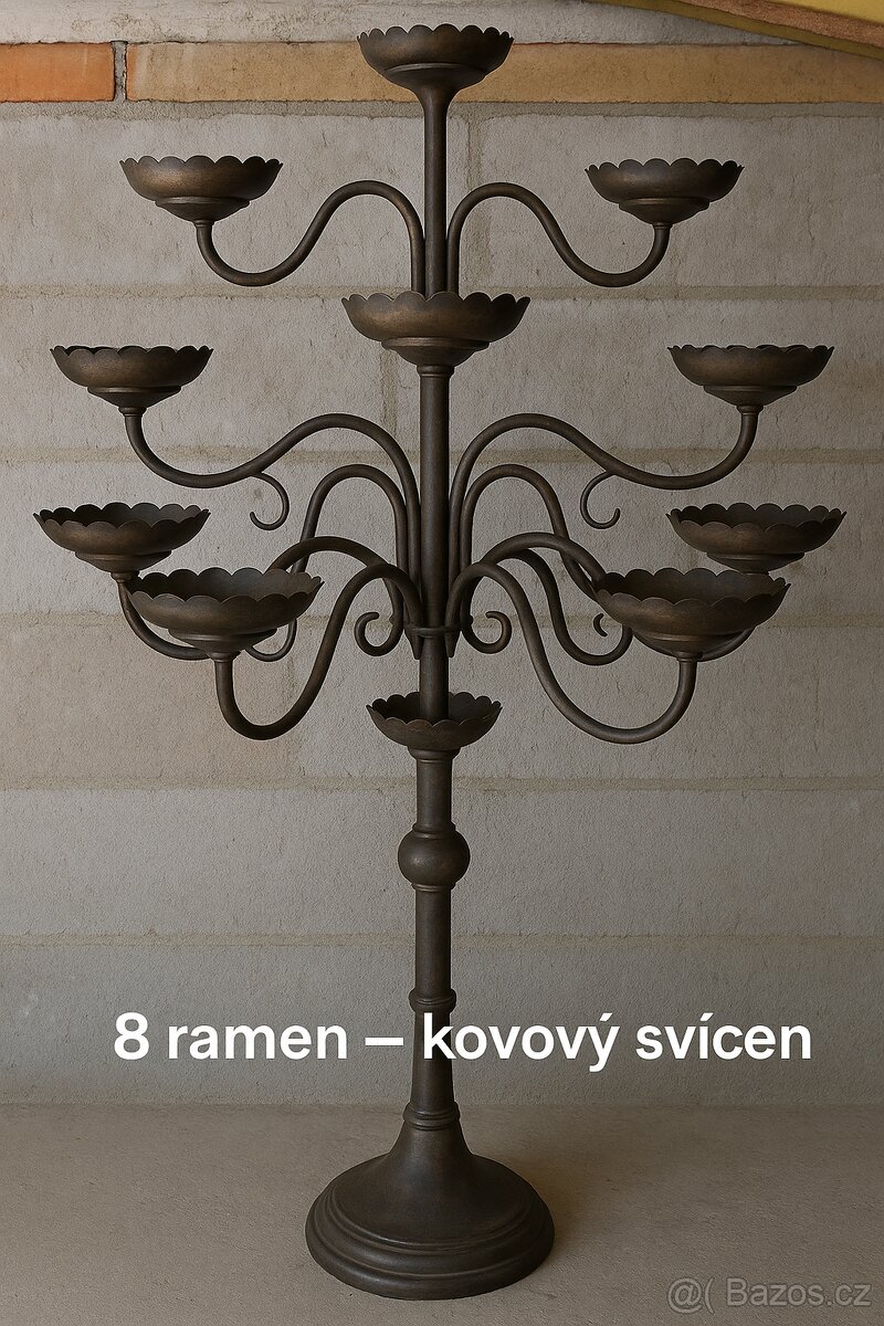 Velký kovový svícen – 8 ramen, těžký, dekorativní kus