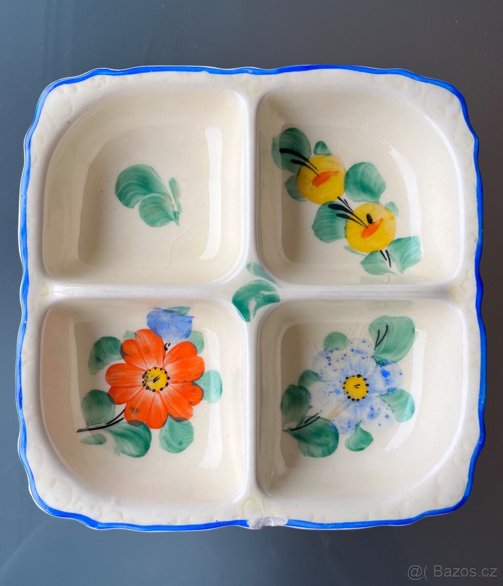 DITMAR URBACH – stará ručně malovaná dělená mísa, 4 přihrádk