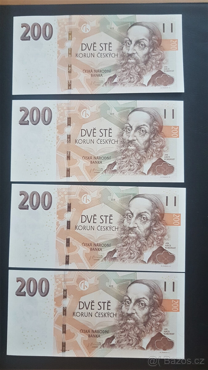 Rarita - štvorica bankoviek 200 Kč (2018) s rovnakým číslom