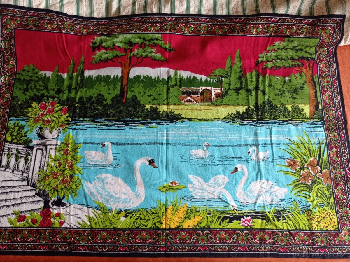 Retro textilní obraz Labutí jezero