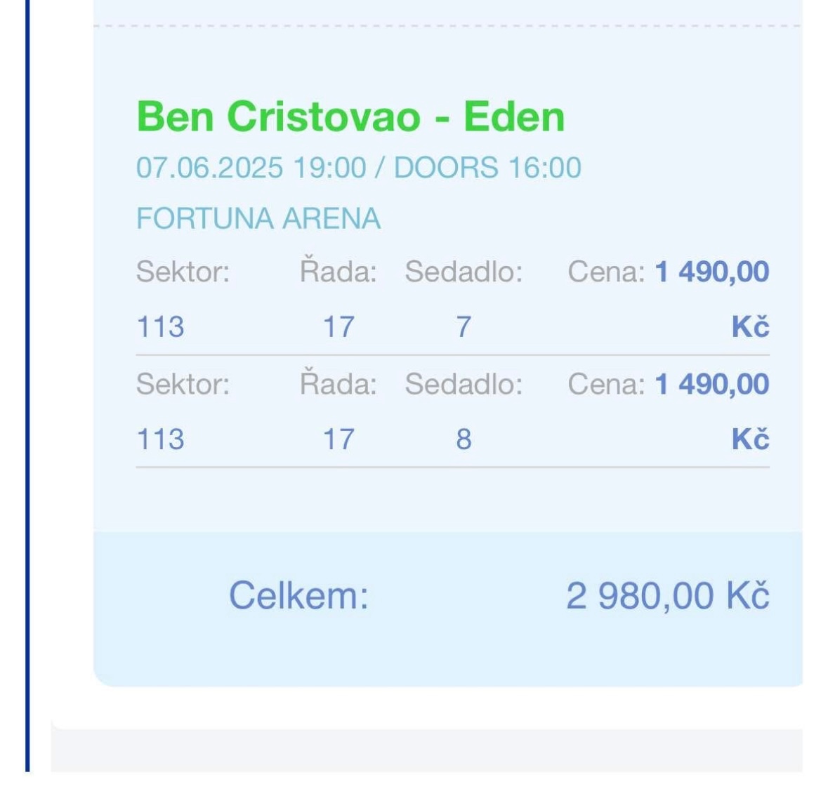 2 Vstupenky na Bena Cristovao 7.6. 2025 Eden v Praze