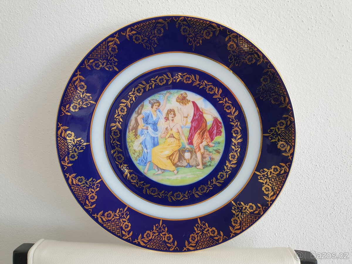 Starožitný porcelánový talíř Tři Grácie Cobalt