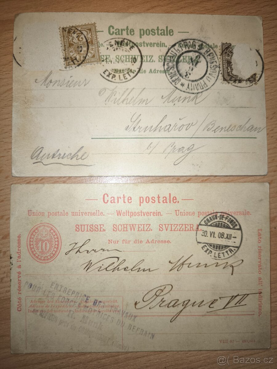 Dvě staré švýcarské dopisnice 1908.