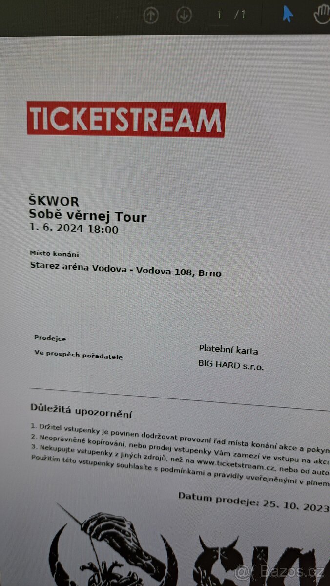 Prodám lístek Škwor Brno Vodova 1.6.2024