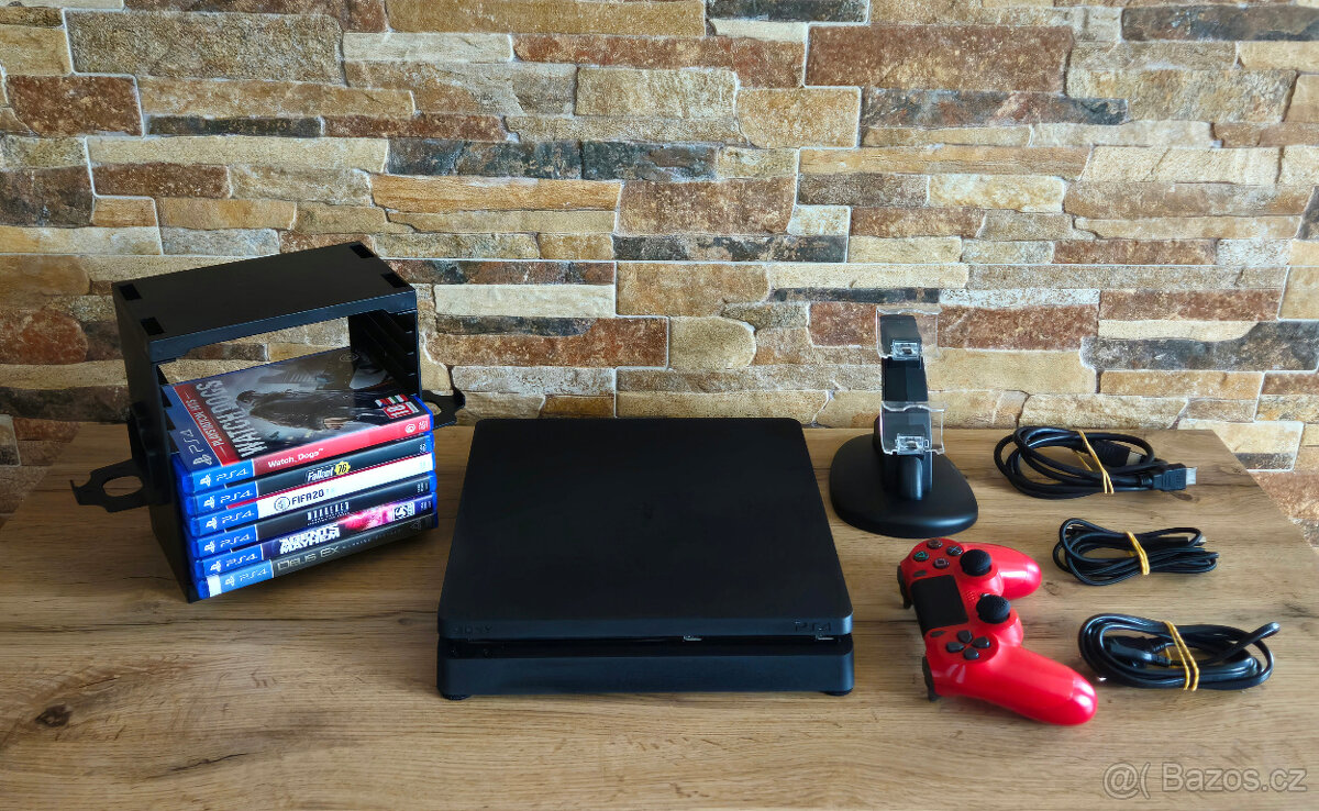 PS4 konzole Slim + 6 her, stojan, duální nabíječka TOP STAV