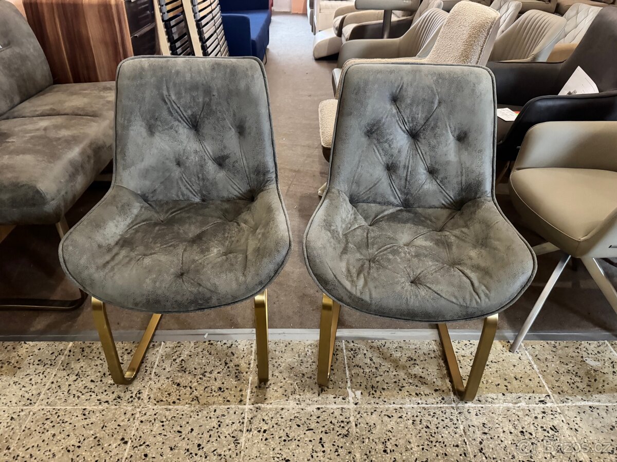 2x NOVÉ jídelní Šedé křesílka-židle zlatá podnož