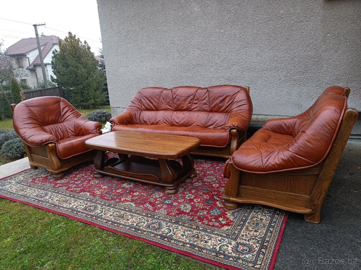 XXL Rustikální kožená sedací souprava 3 - 2 - 1, stolek