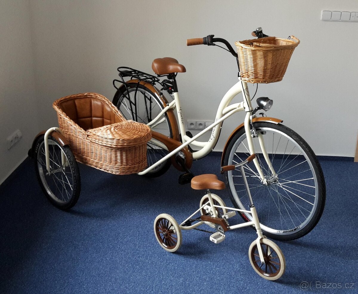 Retro dámské kolo s proutěnou sajdkárou + retro tříkolka