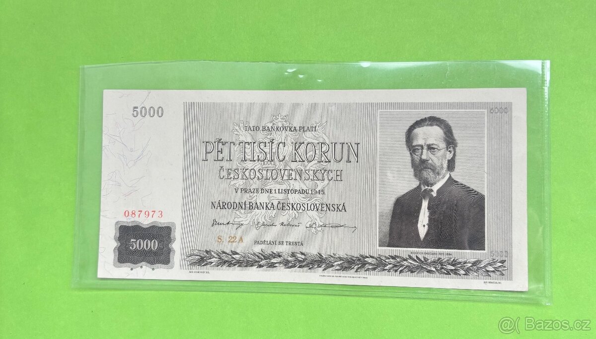 Vzácna 5000 Kčs 1945 do obloučku