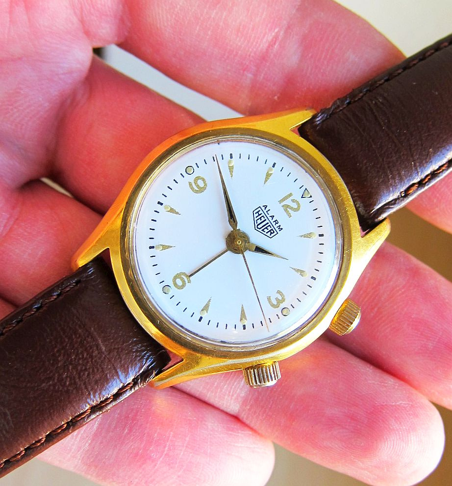 Vzácné švýcarské starožitné pozlacené hodinky HEUER alarm